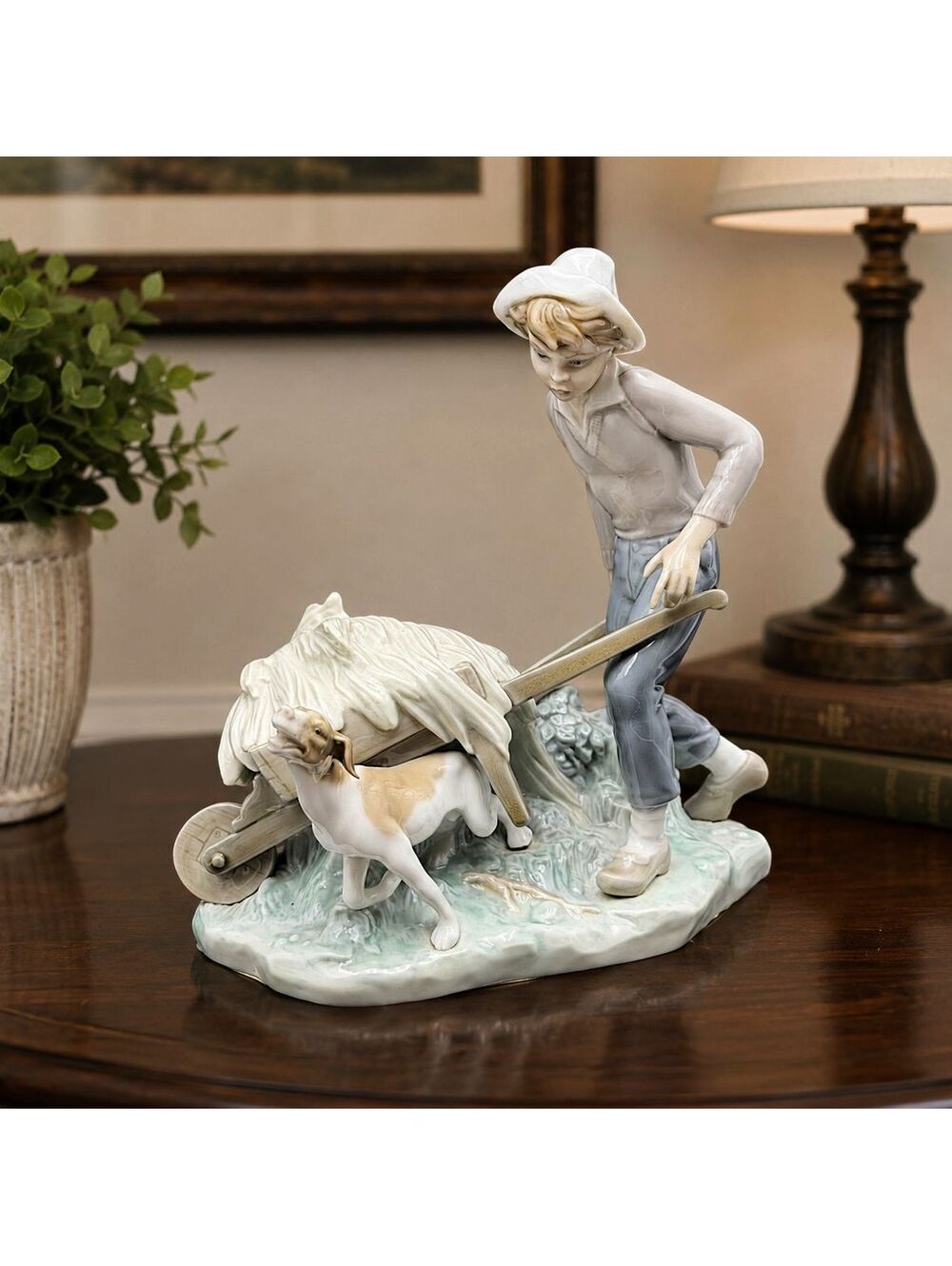 Vintage Lladro Spain Boy with Wheelbarrow Hay & Dog Porcelain Figurine 9"